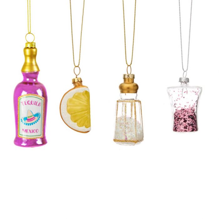 4 décorations pour sapin de noel en forme de tequila, citron, sel et verre