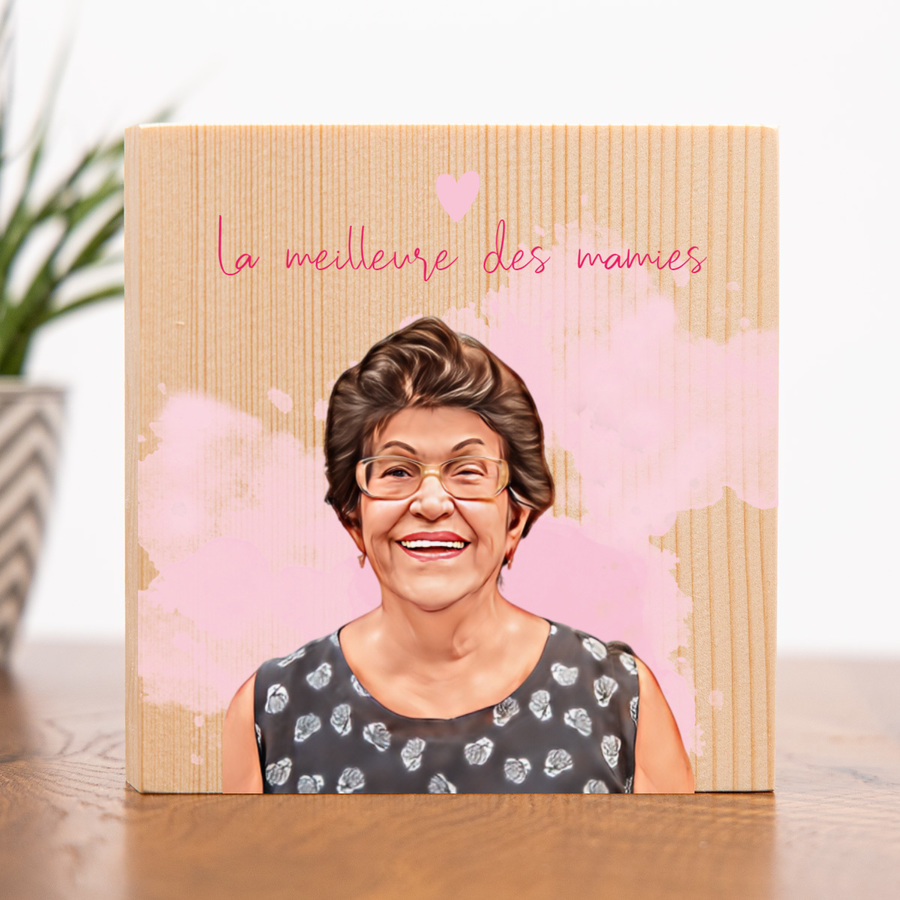 Photo sur bois personnalisée cartoon avec une Mamie sur fond rose
