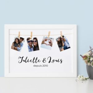 Poster avec photos pendu à une corde à linge et texte