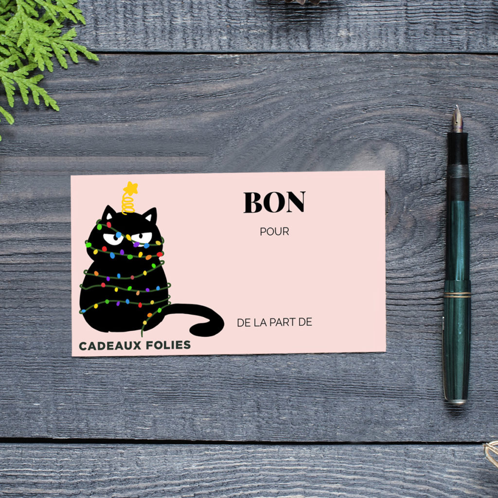 Bon pour un cadeau de noel avec un chat noir dessiner dessus