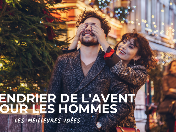 femme qui cachent les yeux d'un homme dans une rue décorée pour Noel