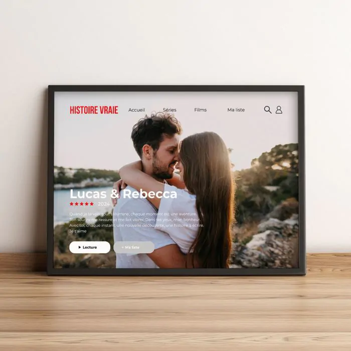 Poster avec cadre noir dans le style du menu Netflix avec un couple qui s'embrasse et leurs prénoms et 5 étoiles