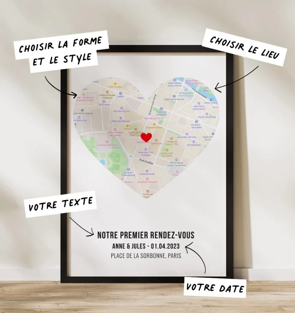 Poster sous forme de plan en forme de coeur avec un petit coeur rouge marquant l'endroit du premier rendez-vous et des noms et une date