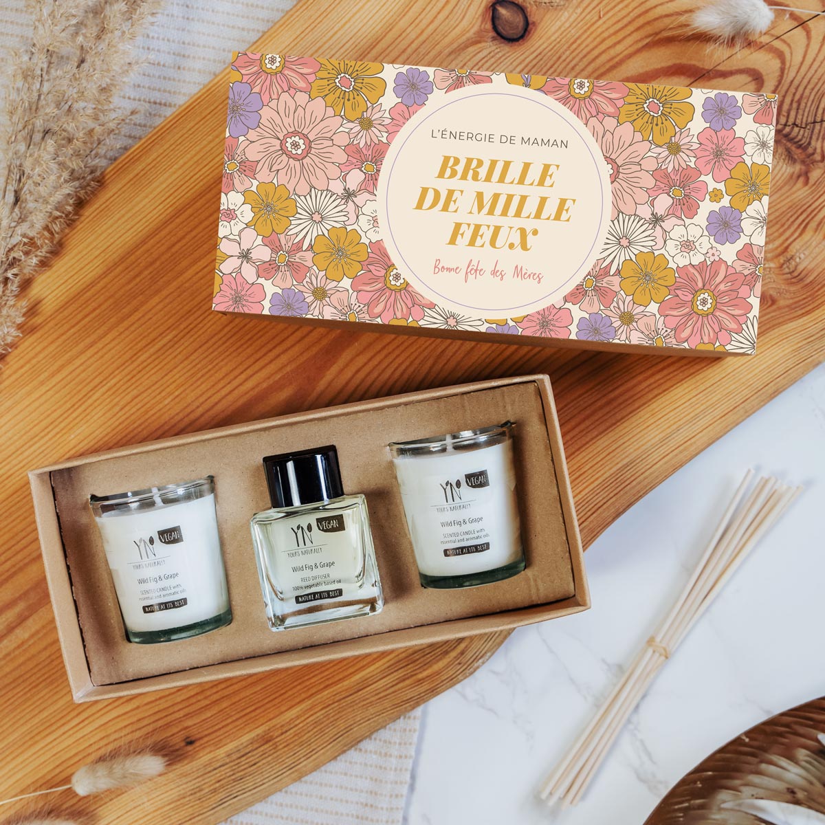 Coffret personnalisé bougies parfumées et diffuseur motif et texte
