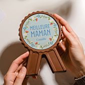 Médaille en chocolat personnalisée avec fleurs et texte