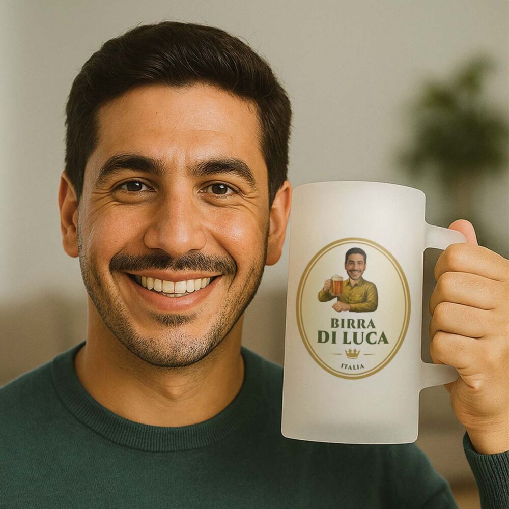 Chope de bière personnalisée avec logo et visage
