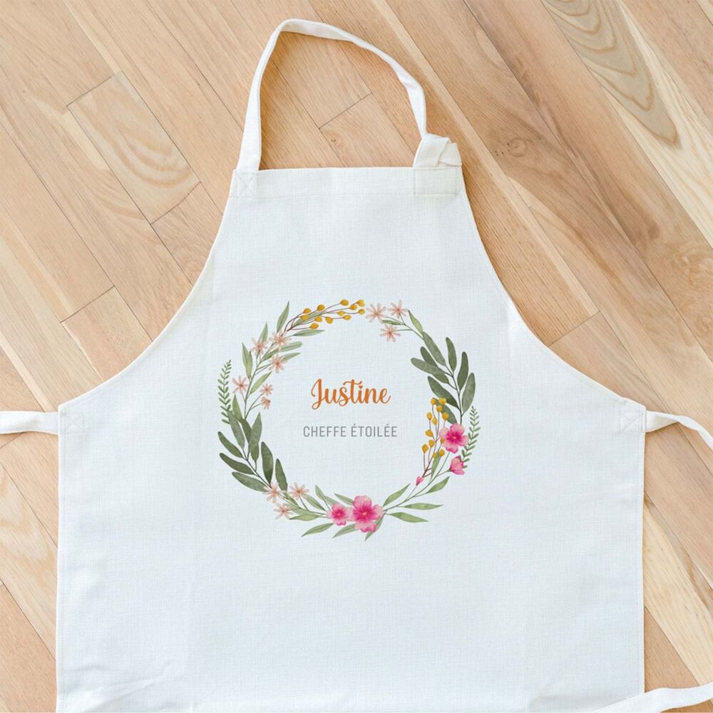 Tablier de cuisine personnalisé avec couronne de fleurs et texte