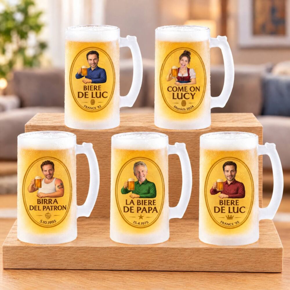 Chope de bière personnalisée avec logo et visage