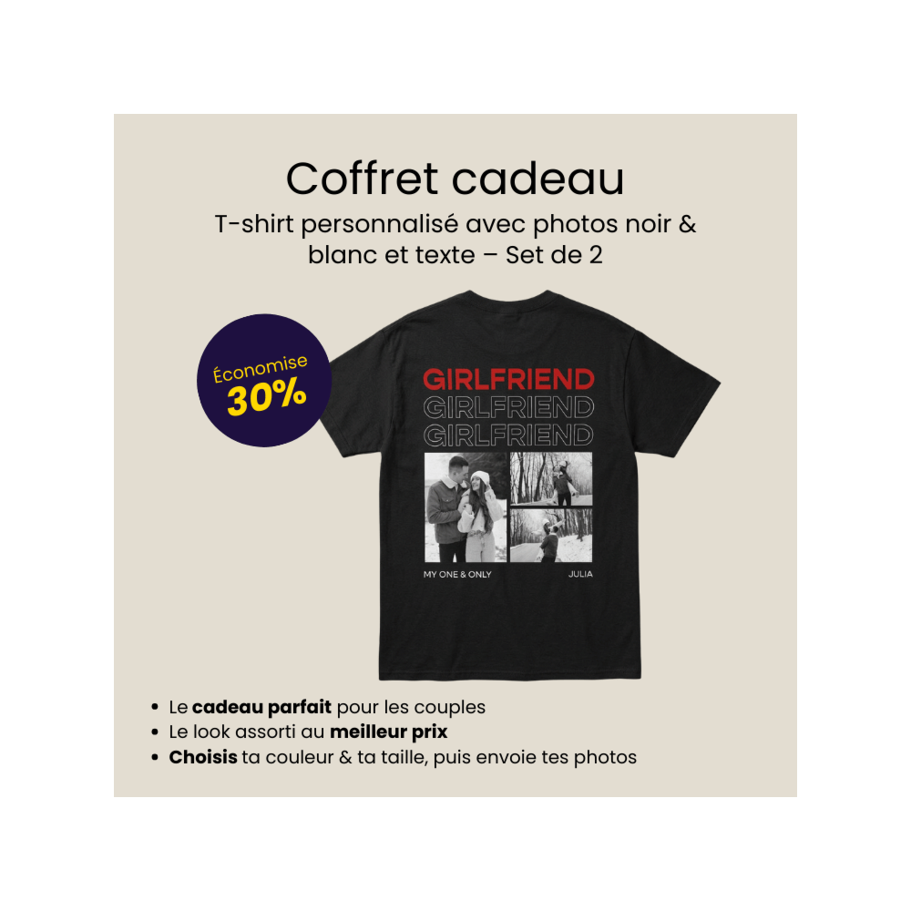 Coffret cadeau lot de 2 T-shirts avec photos en noir et blanc et texte