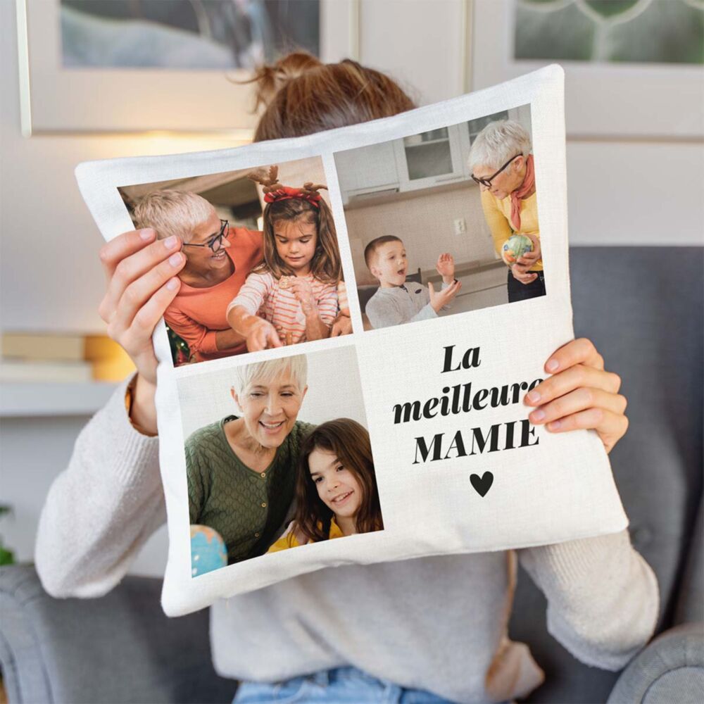 Housse de coussin personnalisée avec 3 photos et texte