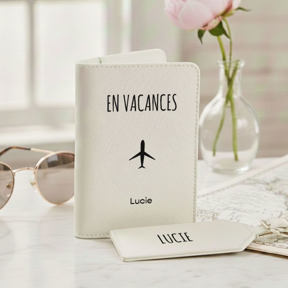 Porte-passeport et étiquette de valise personnalisés avec symbole et texte