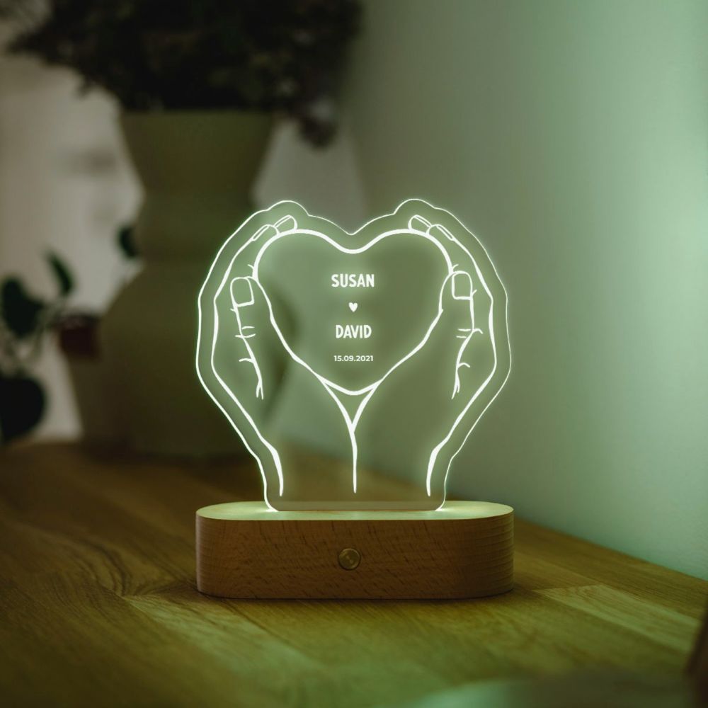 Lampe LED personnalisée Cœur avec mains et noms
