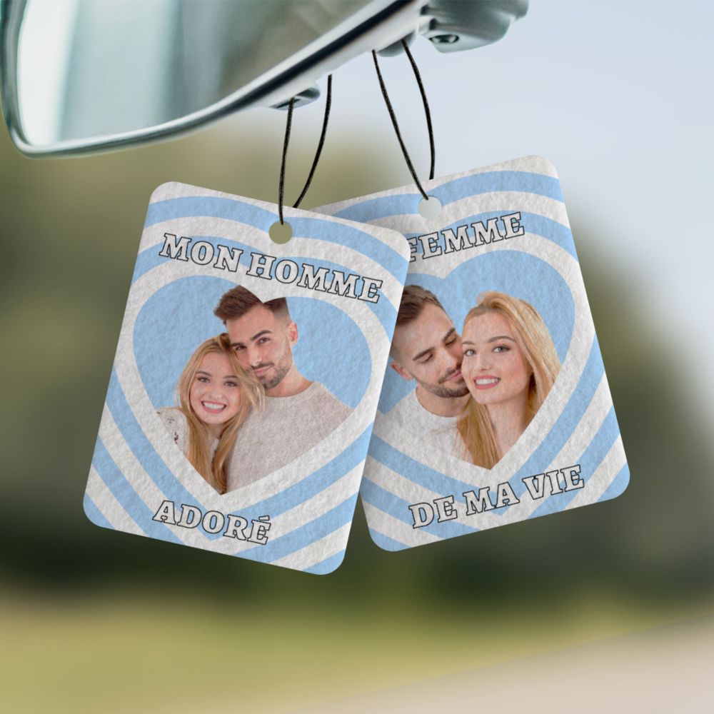 Désodorisant voiture rétro personnalisé avec photo et texte – Lot de 2