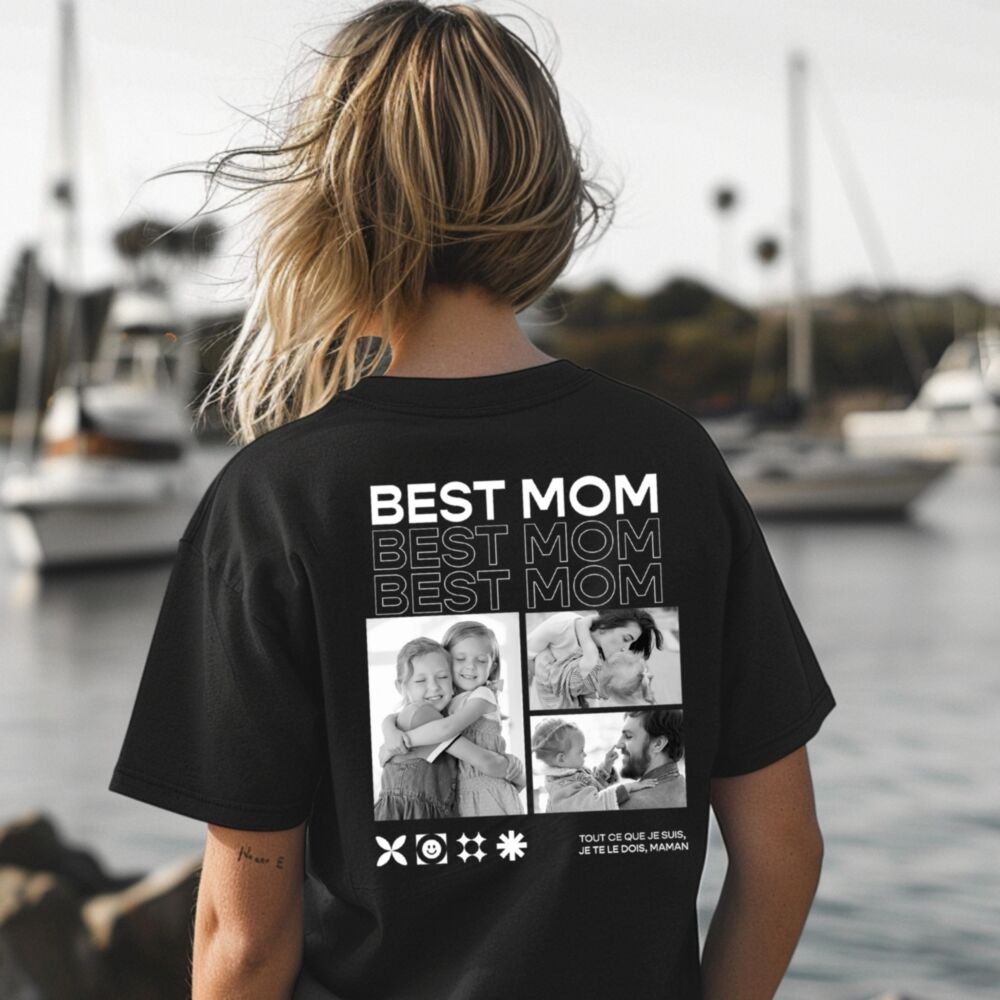 T-shirt personnalisé pour maman avec photos en noir et blanc et texte