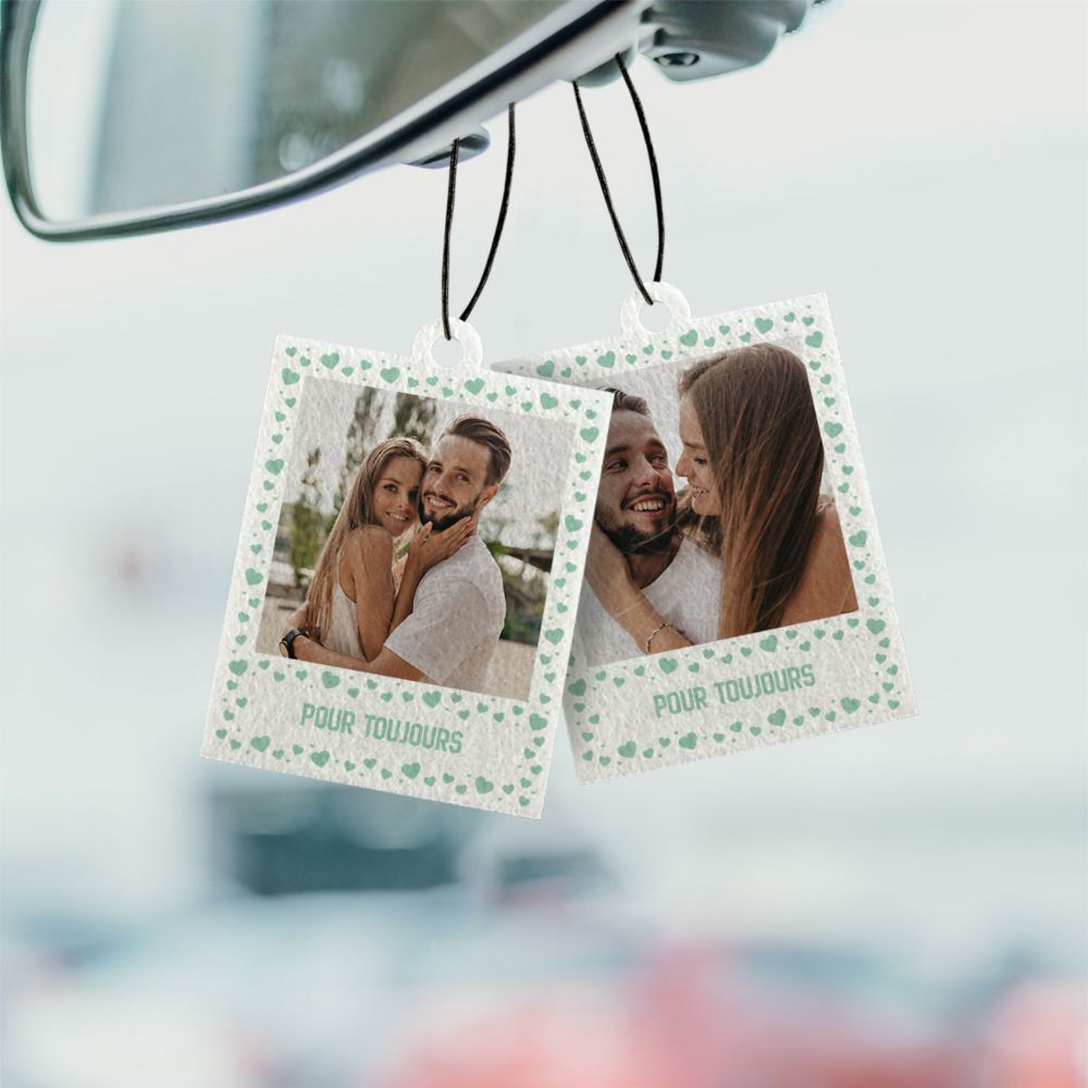 Désodorisant voiture personnalisé Design polaroïd avec cœurs - Lot de 2