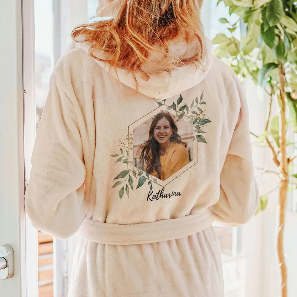 Peignoir personnalise avec photo et texte motif feuilles