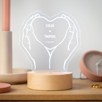 Lampe LED personnalisée Cœur avec mains et noms