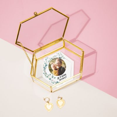 Boîte en Verre Motif Feuilles avec Photo et Texte Boîte en Verre Motif Feuilles avec Photo et Texte