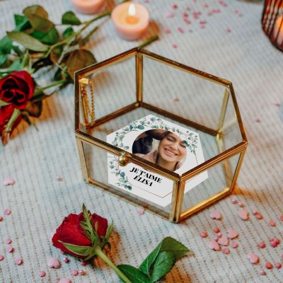 Boîte en Verre Motif Feuilles avec Photo et Texte