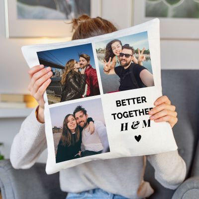 Housse de coussin personnalisée avec 3 photos et texte Housse de coussin personnalisée avec 3 photos et texte