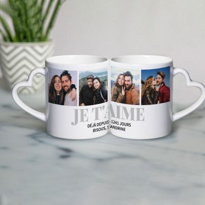 Mug personnalisé Poignée Cœur avec 4 photos et texte