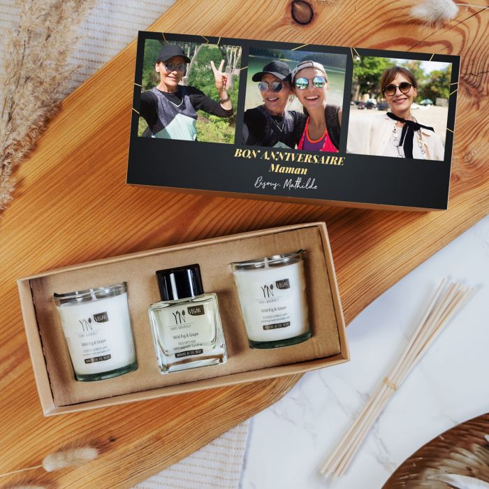 Coffret personnalisé bougies parfumées et diffuseur avec 3 photos et texte main product photo