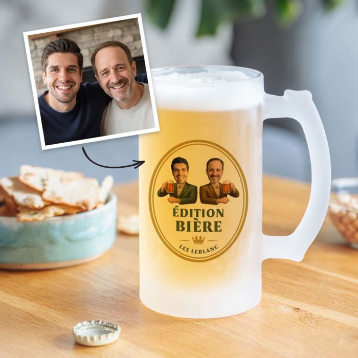Chope de bière personnalisée avec deux visages et logo
