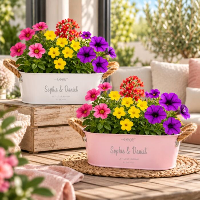 Jardinière personnalisée avec couronne et texte