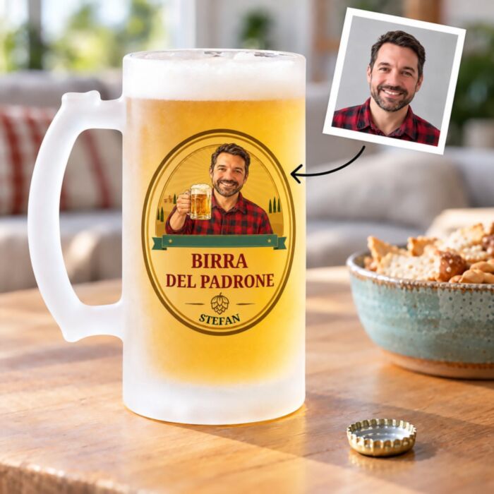 Chope de bière personnalisée avec logo et visage
