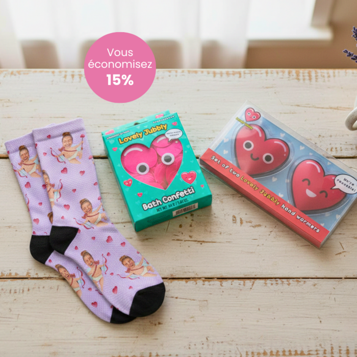 Coffret cadeau avec chaussettes, chauffe-mains et confettis de bain