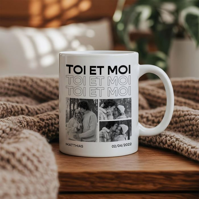 Tasse personnalisée avec photos et texte en noir et blanc Tasse personnalisée avec photos et texte en noir et blanc