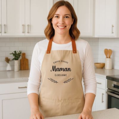 Tablier de cuisine personnalisé avec laurier et texte