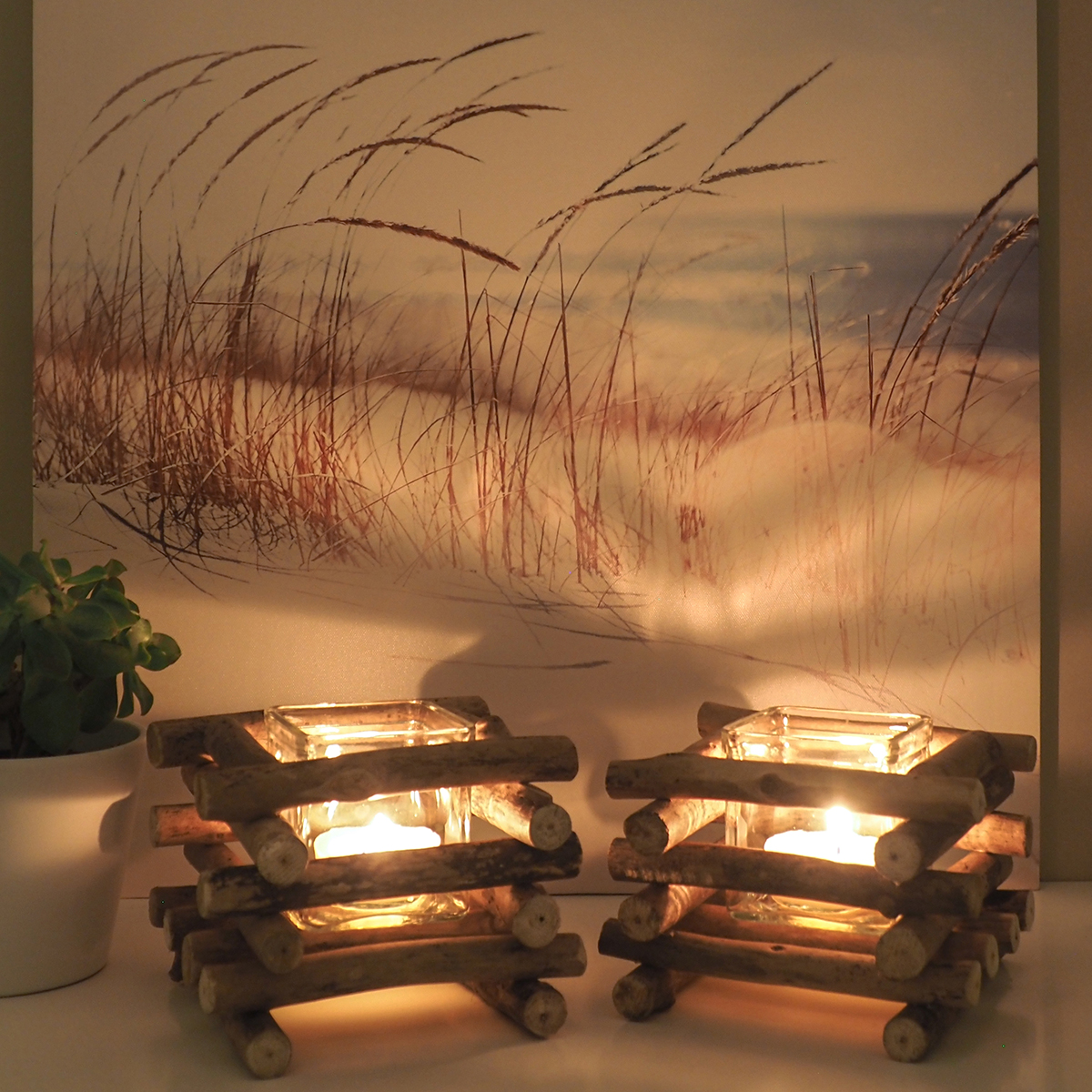 Set de 2 Bougeoirs Support en verre et Bois flotté