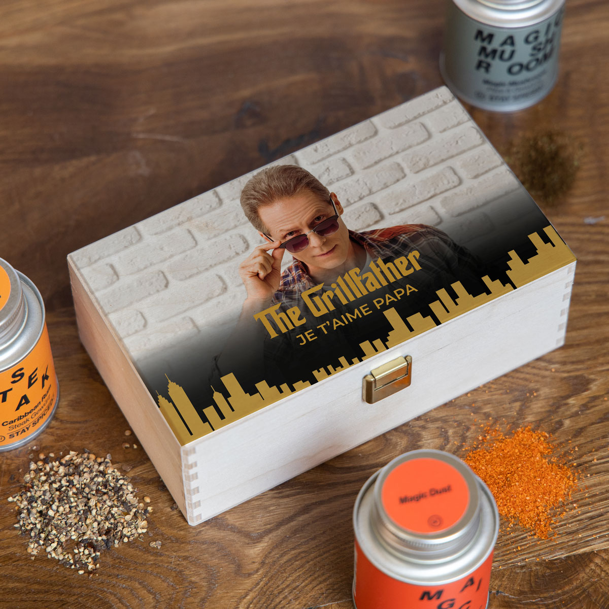 Coffret d’épices avec photo et texte