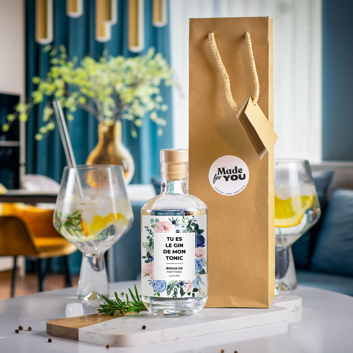 Gin personnalisé avec texte et motif floral