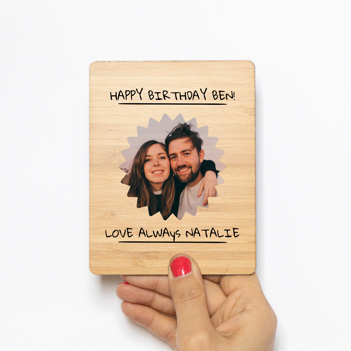 Carte personnalisée en bois avec photo et texte