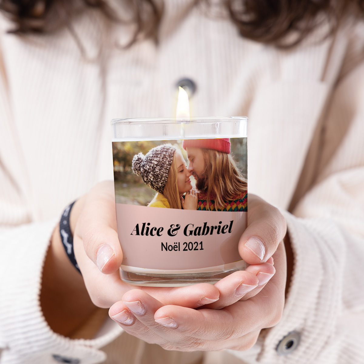 Bougie parfumée avec photo et texte