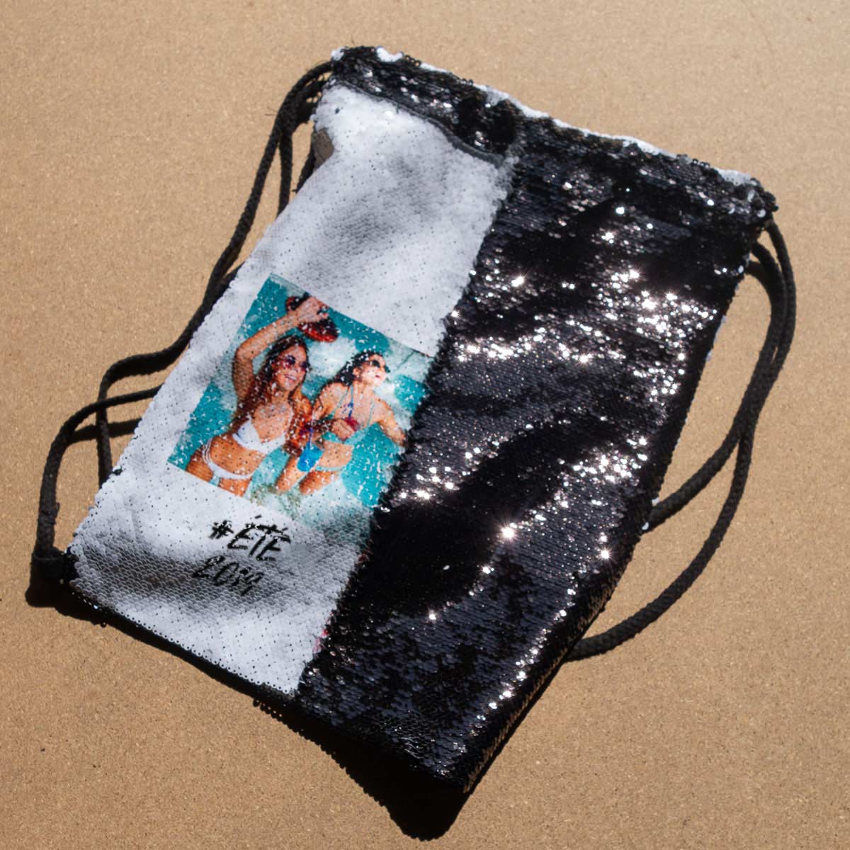 Sac de gym en sequin personnalisable avec 2 images et texte