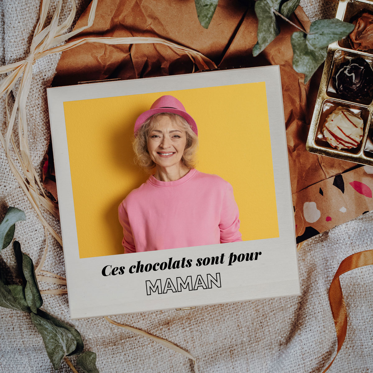 Boîte de chocolats avec photo et texte