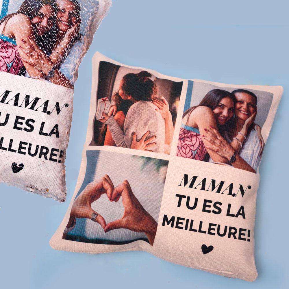 cadeau fête des Mères Housse de coussin personnalisée avec 3 photos et texte