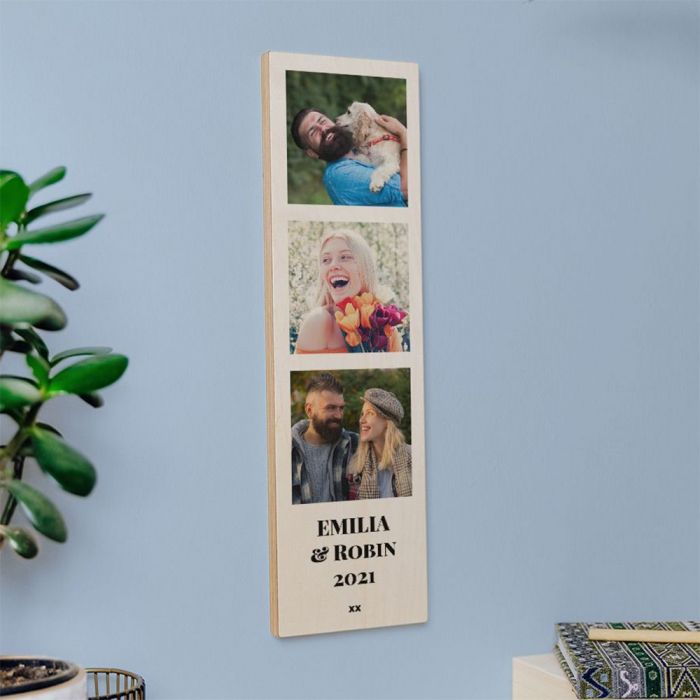 cadeau romantique Photo sur bois personnalisée verticale avec 3 photos et texte