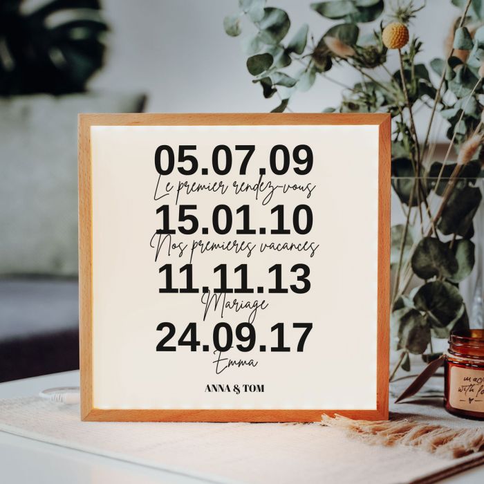 cadeau mariage Light Box Cadre Lumineux personnalisé - Dates importantes