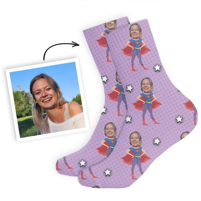 cadeaux copine chaussettes personnalisées visage motif super-héros