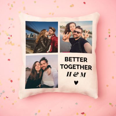 Housse de coussin personnalisée avec 3 images et texte Housse de coussin personnalisée avec 3 images et texte